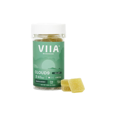 VIIA Hemp Cloud 9 2mg delta-9 gummies. Clear jar with green label. 