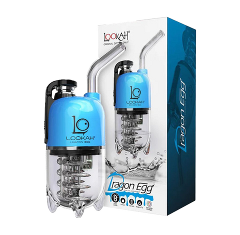 Lookah Dragon Egg E-rig vape device. Blue and clear device. white and blue packaging. 