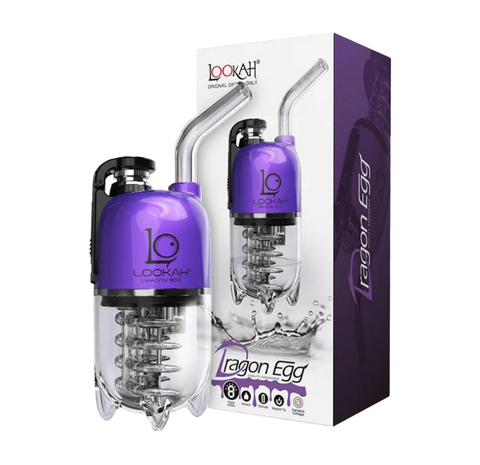 Lookah Dragon Egg E-rig. purple and clear product with white and purple packaging. 