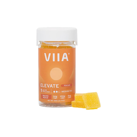 VIIA Hemp Elevate gummies. 5mg delta-9. Focus. Clear jar with orange label. 