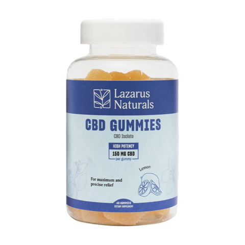 Lazarus Naturals CBD Isolate Gummies. 150mg cbd per gummy 40 per jar blue label on clear jar