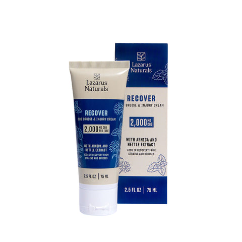 Lazarus Naturals Recover CBD Bruise and Injury Cream. 2.5floz. White and blue package. 