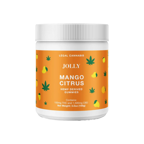 Jolly Cannabis Mango Citrus 10:1 CBD:THC gummies. Orange label on white jar.