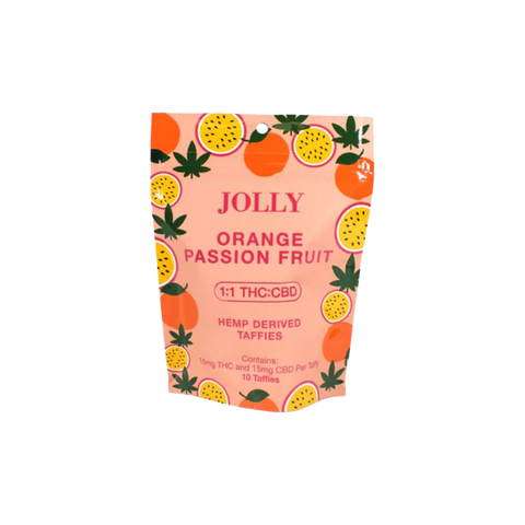 Jolly Cannabis Orange Passionfruit 1:1 THC:CBD Gummies pink bag. 