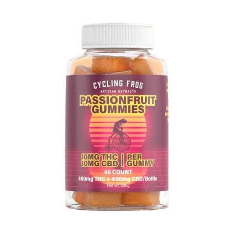 Cycling Frog Passion Fruit CBD and THC gummies. 40ct red and yellow label on clear bottle