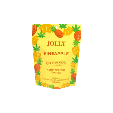 Jolly Cannabis Pineapple 1:1 THC:CBD Taffy. Yellow Bag