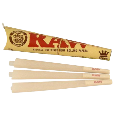 Raw Classic King Size Cones 3 pack. tan pack with red letters