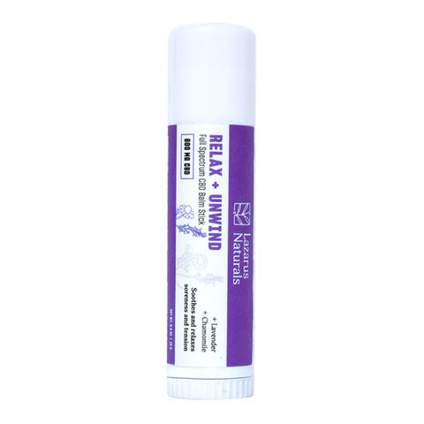 Lazarus Naturals Relax and Unwind CBD Salve stick. 800mg. White and Purple Container.