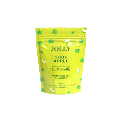 Jolly Cannabis Sour Apple 1:1 THC:CBD gummies. green bag