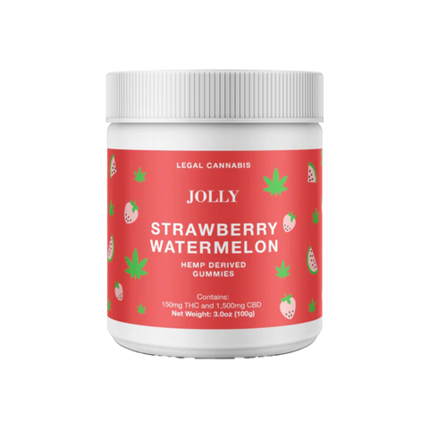 Jolly Cannabis Strawberry Watermelon 10:1 CBD THC gummies. Red label on white jar