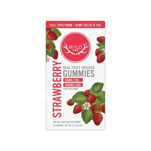 WYLD Strawberry CBD and Delta-9 gummies. 30ct white and red box