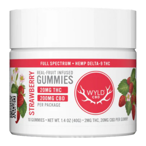 WYLD Strawberry 10:1 CBD:THC Gummies. White and red label on white jar. 