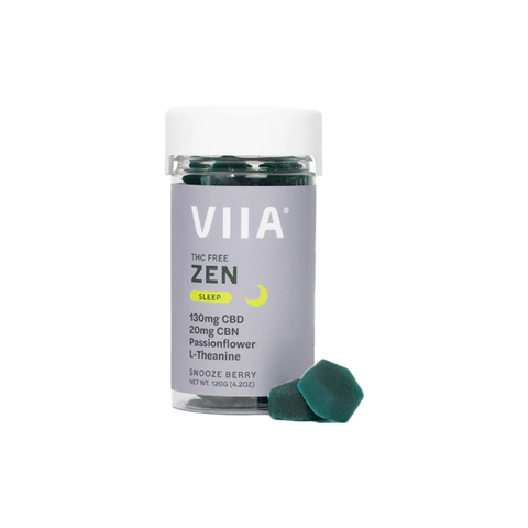 VIIA Hemp THC Free Zen CBD Gummies. clear jar with grey label. 