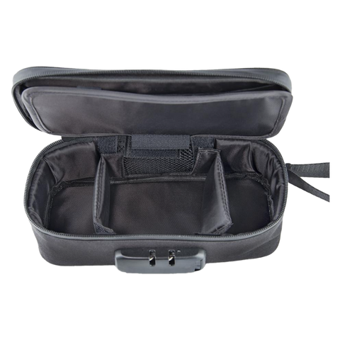 Ooze traveler pouch in black. Open and viewed from above to show interior features. 