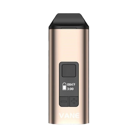 Yocan Vane dry herb vaporizer. gold device with black buttons. 