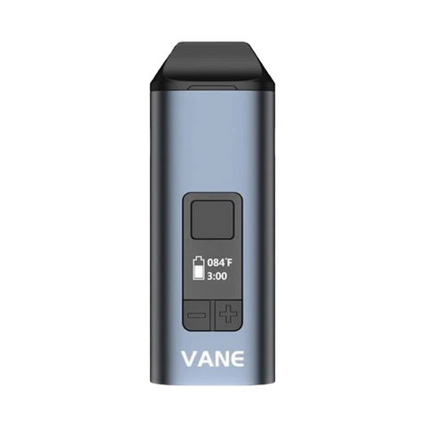 Vane dry herb vaporizer. blue color with black buttons. 