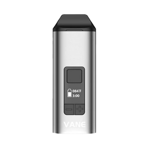 Yocan Vane dry herb vape. silver device with black buttons. 