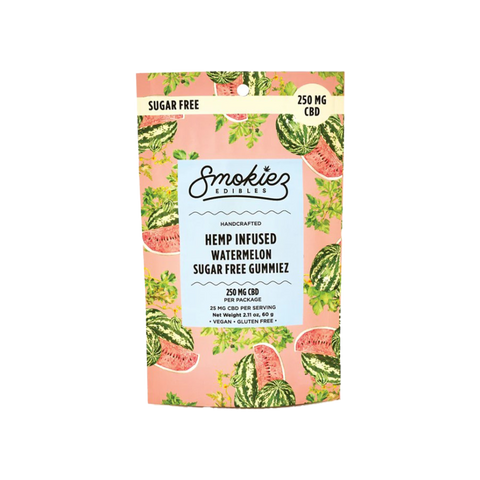 Smokies CBD Sugar Free Watermelon Gummies. 10ct pink and white bag with watermelons