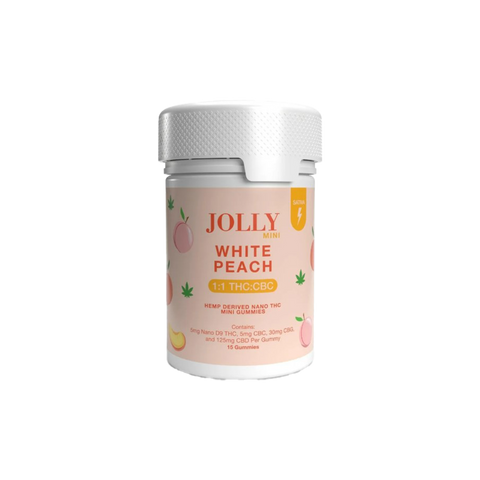 Jolly Mini White Peach 1:1 THC:CBC gummies. 15ct pink label on white jar