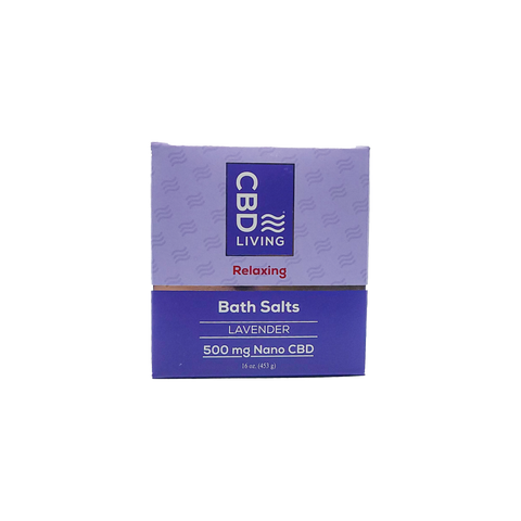CBD Living Lavender Nano CBD Bath Salts. 16oz. Purple Packaging.