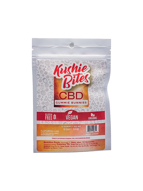 Kushie Bites Vegan CBD Bunnies. White and Red package.