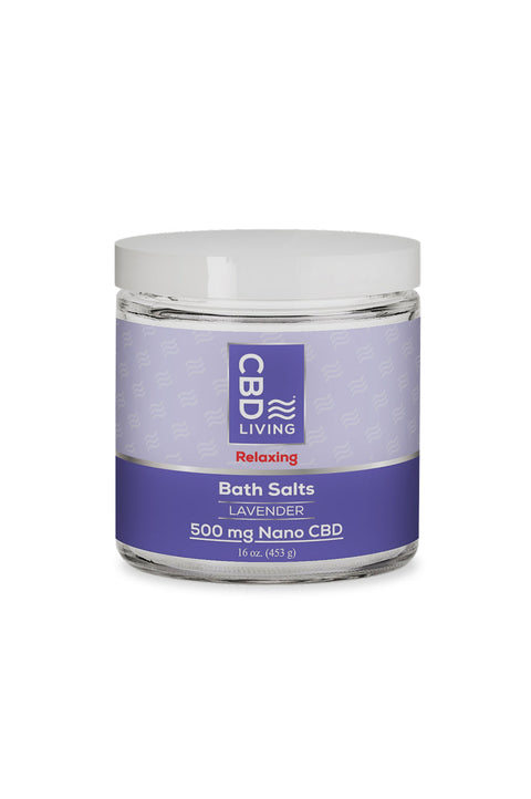 CBD Living Lavender Nano CBD Bath Salts. 16oz. Clear Jar with purple label. 